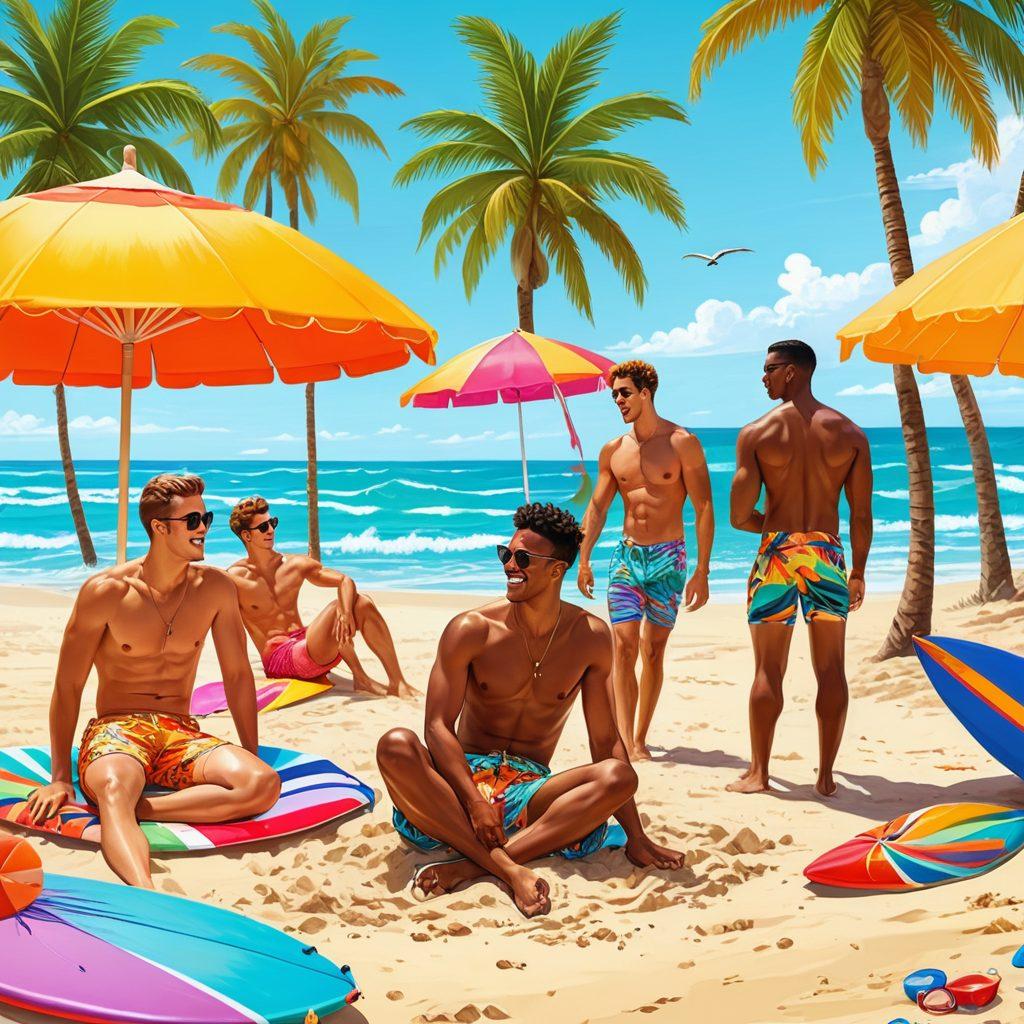 A colorful beach scene featuring a diverse group of friends enjoying a sunny day by the ocean, showcasing stylish gay swimwear in vivid patterns and colors. Include beach umbrellas, surfboards, and playful waves in the background, creating an inviting summer atmosphere. Add palm trees and sunbathers in vibrant outfits to enhance the vacation vibe. playful cartoon style. vibrant colors. sunny day.