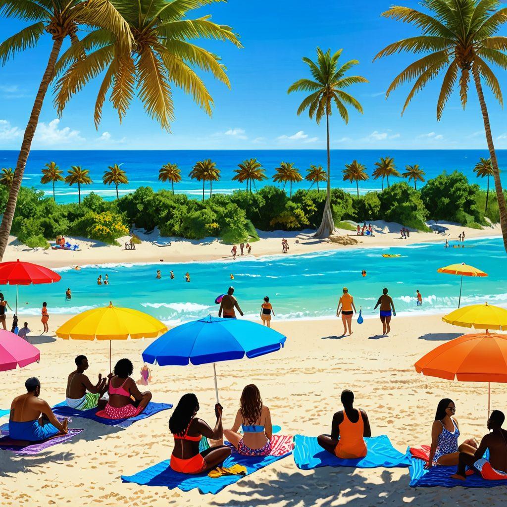 A vibrant beach scene showcasing a diverse group of people in stylish, inclusive beachwear, celebrating body positivity and joy under the sun. Include colorful umbrellas, playful beach games, and tropical palm trees in the background, with a clear blue sky and sparkling ocean waves. Capture the essence of summer fun and inclusivity with a dynamic composition. vivid colors. cheerful atmosphere. super-realistic.